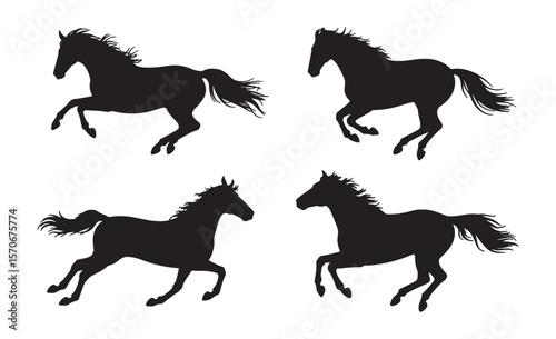 Four black horse silhouettes galloping across a white background