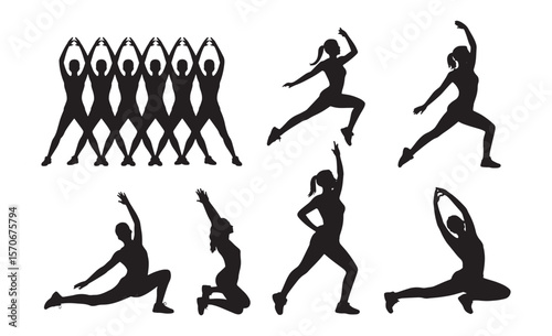 Collection of diverse female silhouettes performing various athletic and yoga poses