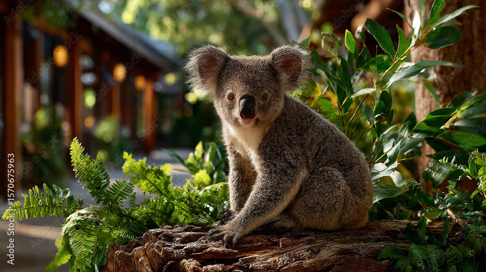 Fototapeta premium A koala peeks out from behind the leaves of an eucalyptus tree