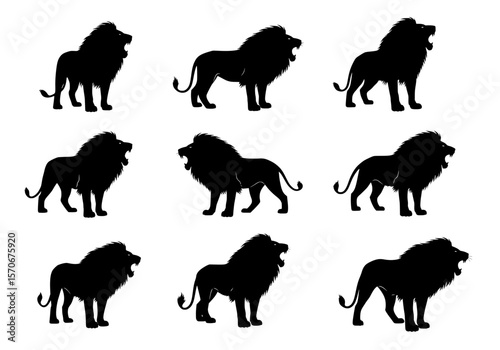 Vector silhouette of a striking collection of nine black lion silhouettes in various dynamic poses, isolated on a clean white background