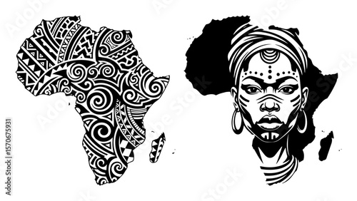 africa tribal pattern map with woman portrait line art illustration