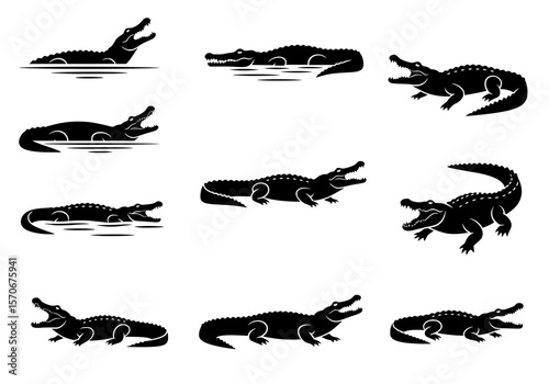 Vector silhouette of a striking collection of black alligator and crocodile silhouettes in various poses isolated on a white background