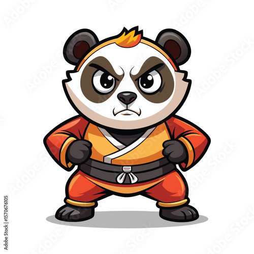 Cartoon Panda Doing Kung Fu Pose with Exaggerated Serious Face, Vector Art Illustration for Martial Arts and Fun Designs