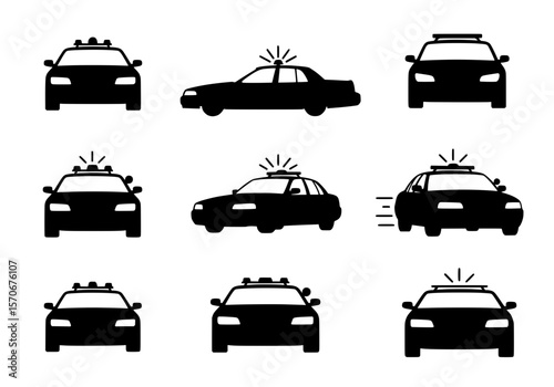Vector silhouette of collection of black silhouette police car icons with sirens, isolated on white background