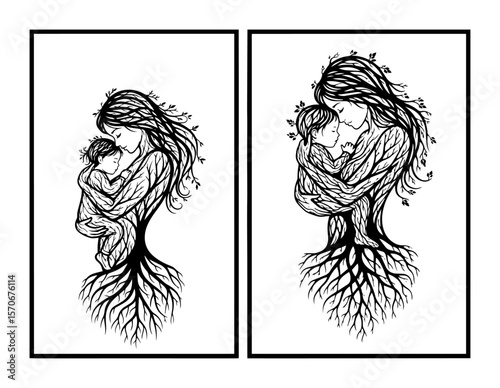 mother embracing baby tree roots double exposure illustration