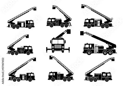 Vector silhouette of collection of black silhouette fire trucks with extended ladders, isolated on white background