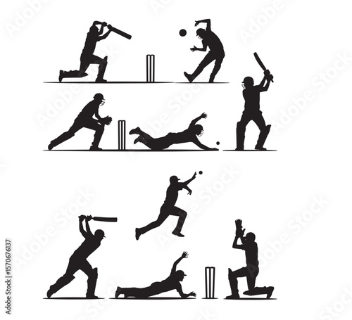 Collection of black silhouettes of cricket players in action on white background