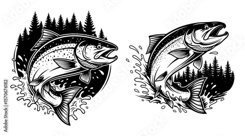 jumping trout emblem with forest background illustration