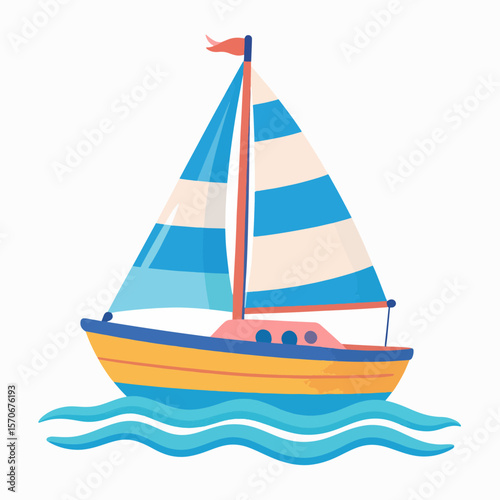 Playful cartoon illustration of a sailboat with blue and white striped sails sailing on gentle waves, perfect for children's books or summer themed designs.