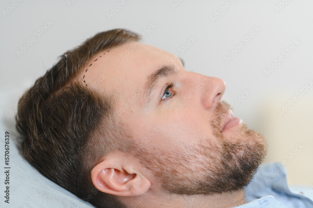 Obraz premium Closeup of female trichologist doctor marking hair line to male patient with hairloss problem. Concept of baldness treatment.