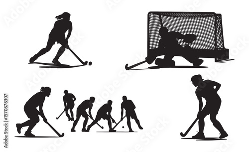 Field hockey players in action silhouettes showing game play and goalie defending net