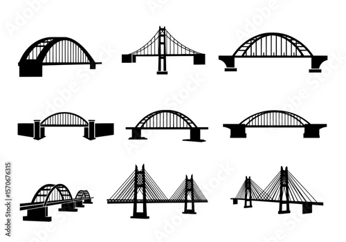 Vector silhouette of collection of diverse bridge silhouettes isolated on a white background