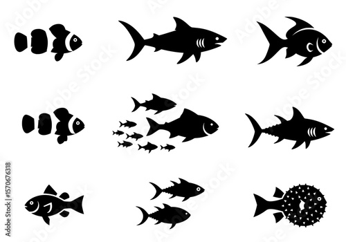 Vector silhouette of collection of diverse fish silhouettes isolated on white background