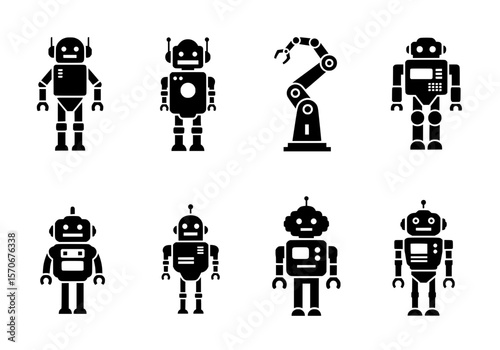 Vector silhouette of collection of diverse robot icons and silhouettes isolated on white background