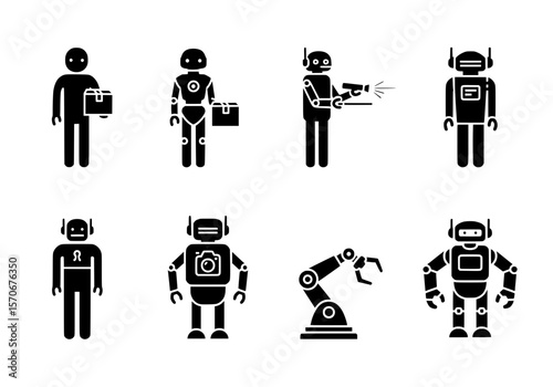 Vector silhouette of collection of diverse robot icons showcasing various functions and designs isolated on white background