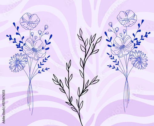 Abstract floral one-line drawing arrangement with background texture in blue, black and purrple