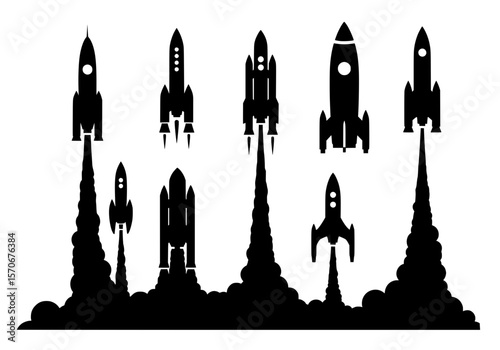 Vector silhouette of collection of diverse rocket silhouettes launching with smoke trails, isolated on white background