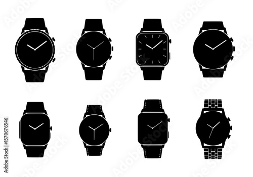 Vector silhouette of collection of eight diverse black watch icons isolated on white background