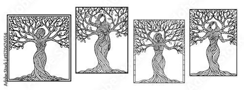 mother nature tree of life woman figure set vector