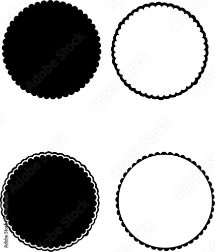 Set of scalloped circle shapes and frames, used for decorative borders, monogram designs, badges, and labels.