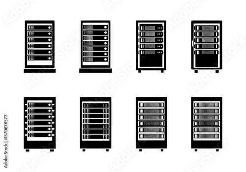 Vector silhouette of collection of eight black server rack icons isolated on white background