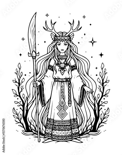 mythical forest goddess with antlers line art drawing
