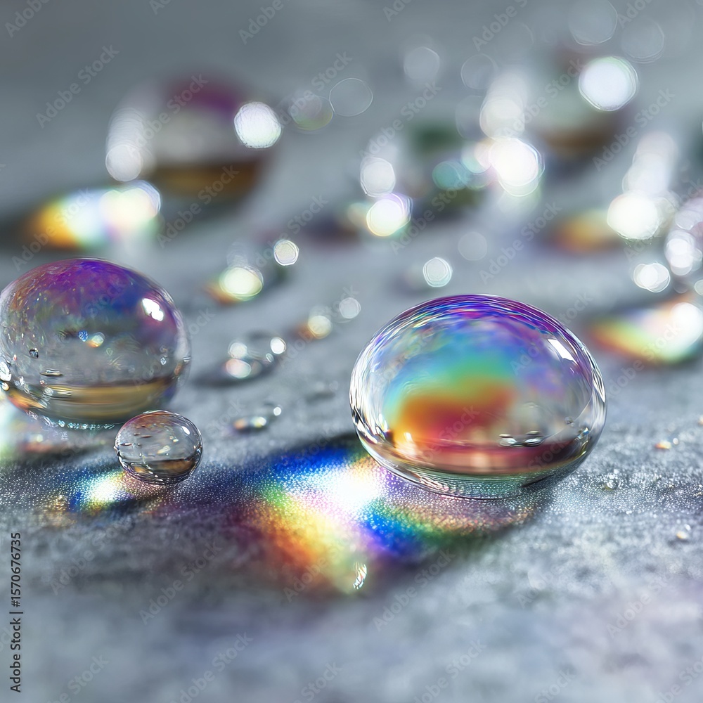 Naklejka premium Extreme close-up of crystal-clear water droplets on a smooth glass surface, shot in ultra-high-definition (8K), with sharp reflections and refractions. The droplets are perfectly round and show micro-
