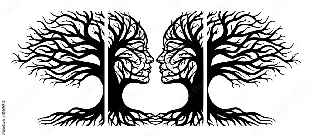 Obraz premium kissing couple tree face silhouette vector art