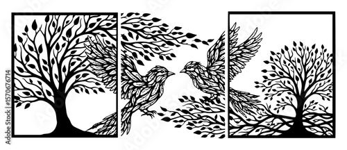 flying birds couple tree of life triptych wall art