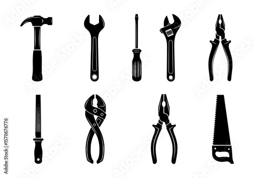 Vector silhouette of collection of essential hand tools isolated on white background