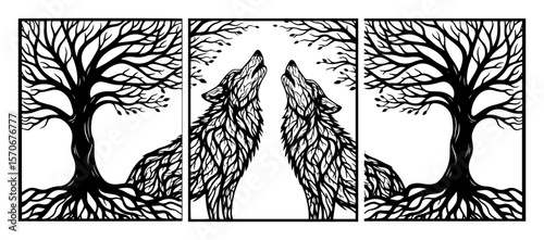 howling wolves tree of life triptych vector wall art