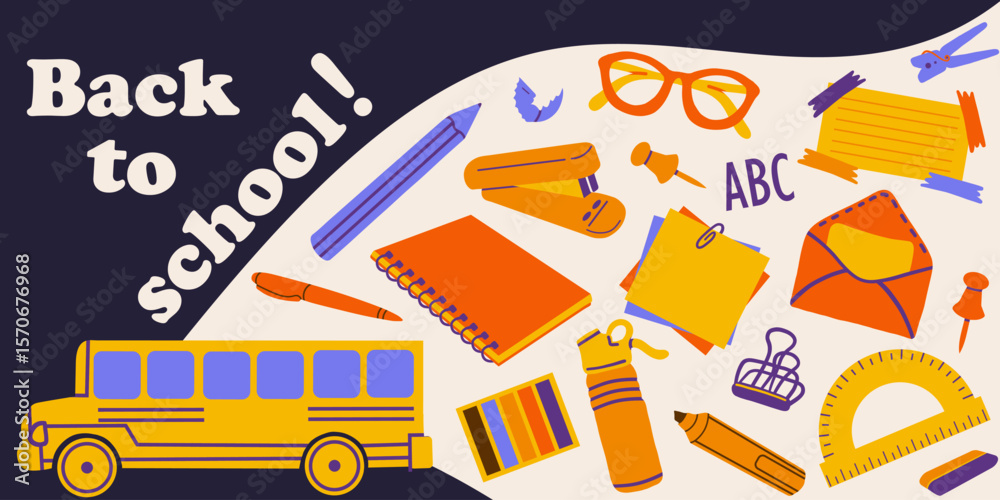 Fototapeta premium Modern flat background with school supplies. Vector simple background back to school.