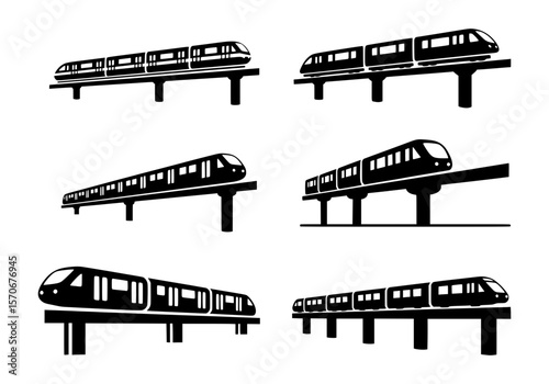 Vector silhouette of collection of modern monorail train silhouettes isolated on white background