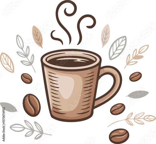 Vintage Coffee Cup with Brown Toned Vector with Steam and Beans, Vector Clipart for Cafes and Menus
