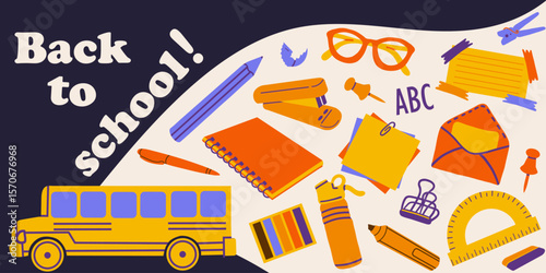Modern flat background with school supplies. Vector simple background back to school.