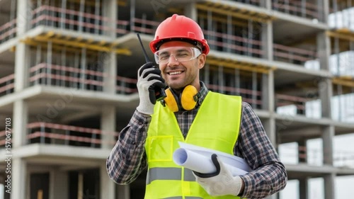 A male construction worker Using Walkie Talkie to Communicate with another worker