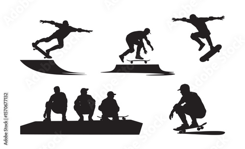 Collection of diverse skateboarder silhouettes performing tricks and resting on white background