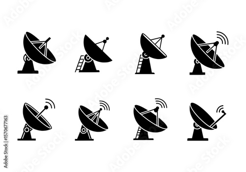 Vector silhouette of collection of satellite dish icons isolated on white background