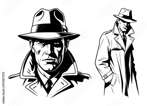 noir detective spy character vector illustration set