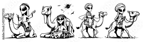 funny cartoon aliens with camels in the desert vector set