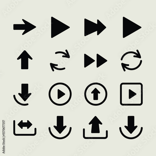 Collection of Sixteen Black Arrow and Play Icons on Light Gray Background Simple Bold Graphic Design Elements for User Interface U X U I Web Design App Development Multimedia Software