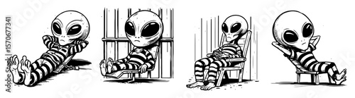funny cartoon alien prisoner in jail vector illustration set