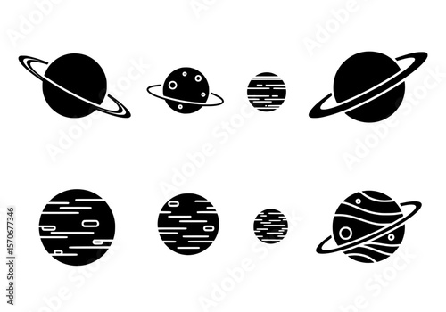 Vector silhouette of collection of stylized planets with rings and patterns, isolated on white background