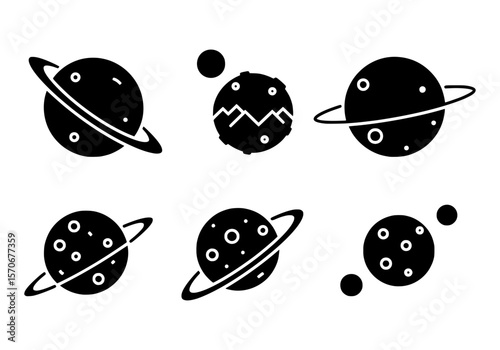 Vector silhouette of collection of stylized planet icons with rings and moons, isolated on white background