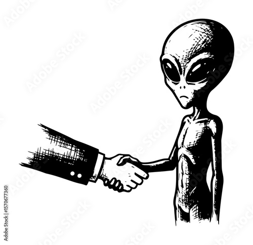 alien shaking hands with human vector illustration