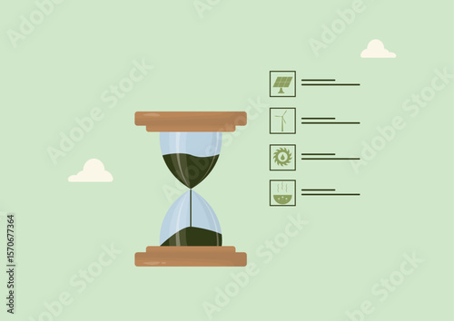 Renewable Energy Timeline Hourglass Checklist. Hourglass with renewable energy checklist featuring solar, wind, hydraulic and geothermal power icons. Renewable energy concept. Vector illustration