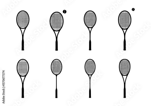 Vector silhouette of collection of tennis rackets and balls isolated on white background