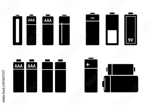 Vector silhouette of collection of various battery types and sizes isolated on white background
