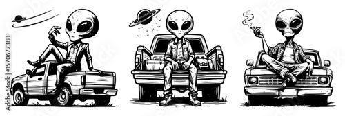 cool cartoon aliens chilling on a pickup truck vector set
