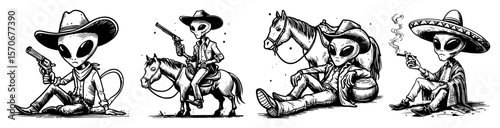 funny cartoon alien cowboy and mexican vector set
